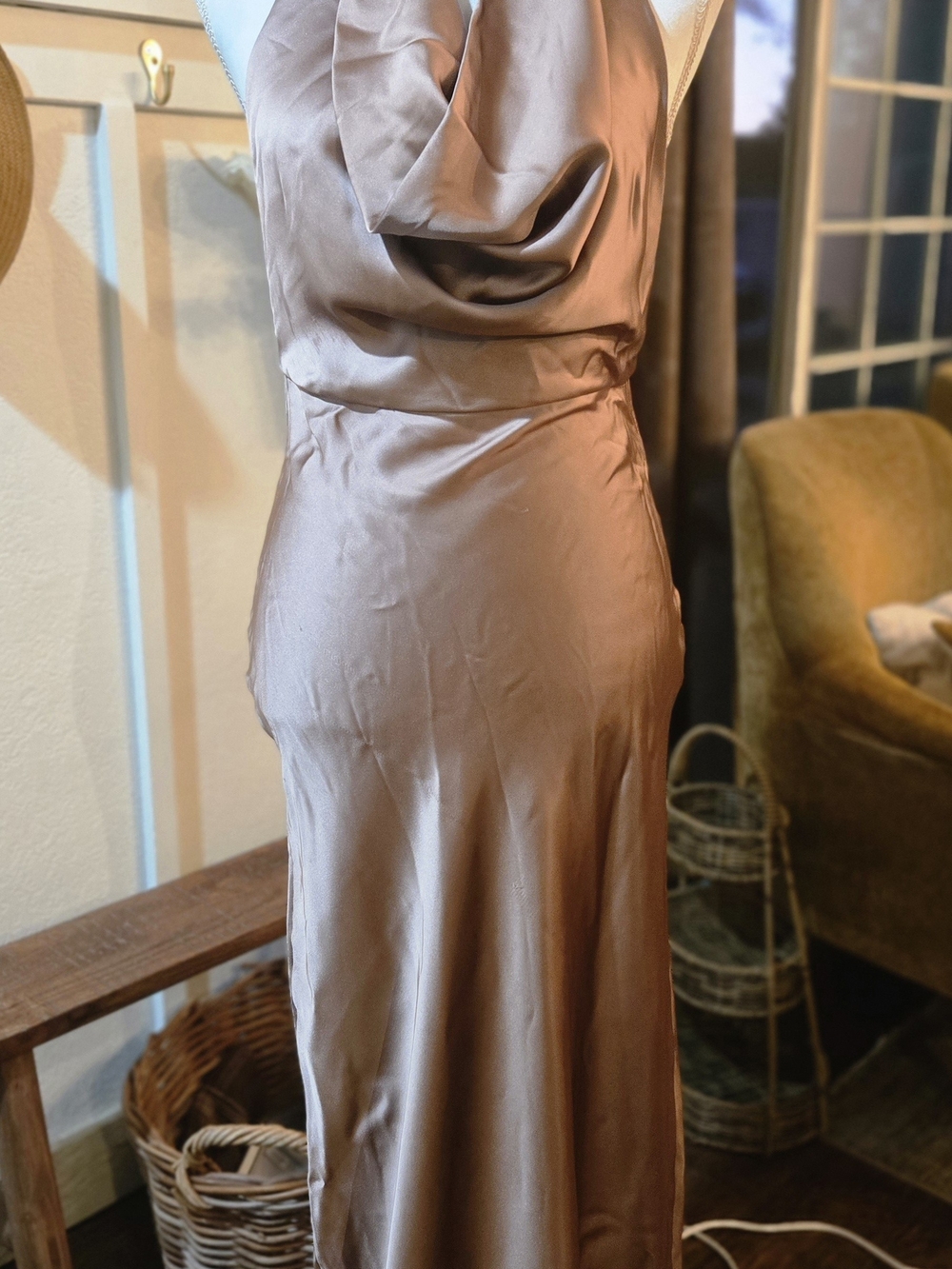 Zara Satin Cowl-Back Maxi Dress in Taupe Brown